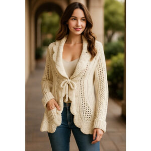 Anthropologie Hand Knit by Dolli Cream Cable Knit Cardigan – Merino Wool Cashmer